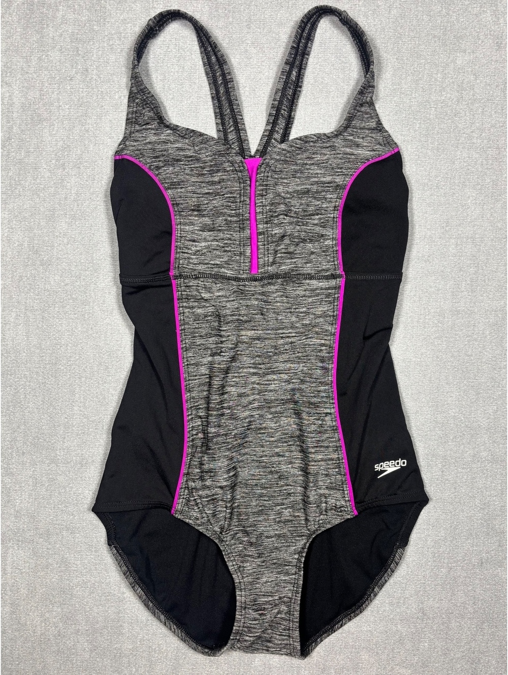 Speedo Women's Size 6 Athletic One-Piece Swimsuit Grey Pink Black